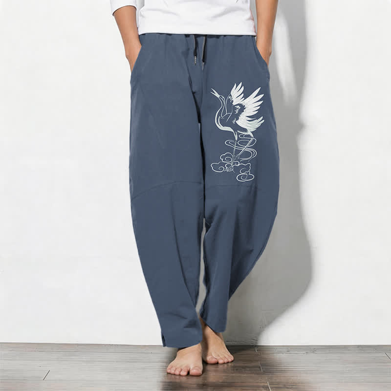 Nimara Ritual Pure Cotton White Crane Pattern Drawstring Men's Tapered Pants With Pockets