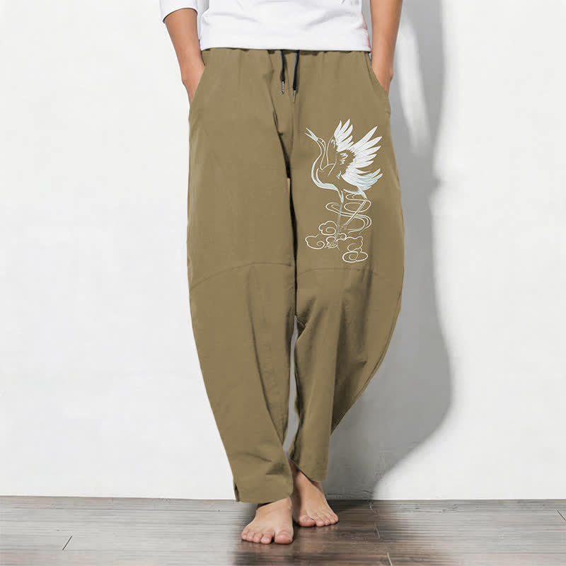 Nimara Ritual Pure Cotton White Crane Pattern Drawstring Men's Tapered Pants With Pockets