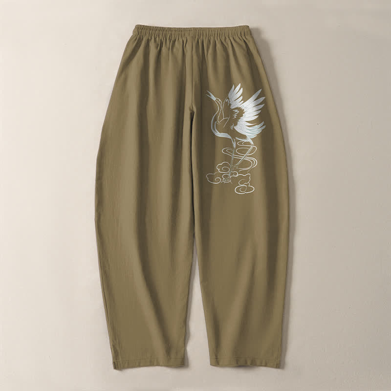 Nimara Ritual Pure Cotton White Crane Pattern Drawstring Men's Tapered Pants With Pockets