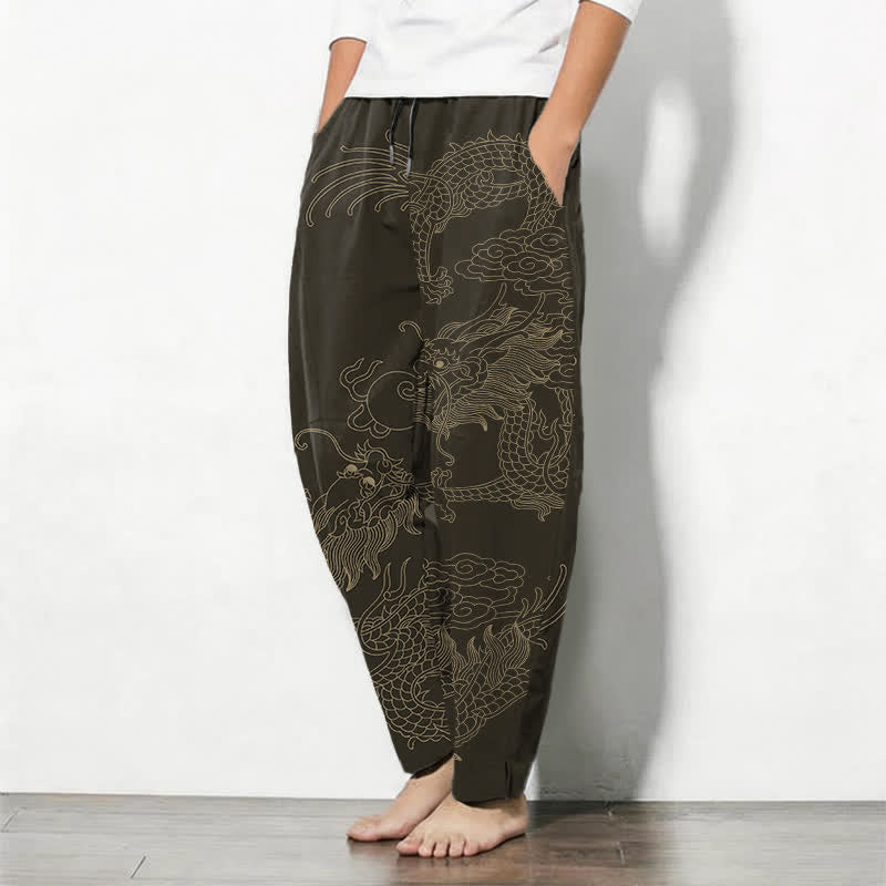 Nimara Ritual Pure Cotton Golden Dragon Cloud Pattern Drawstring Men's Tapered Pants With Pockets