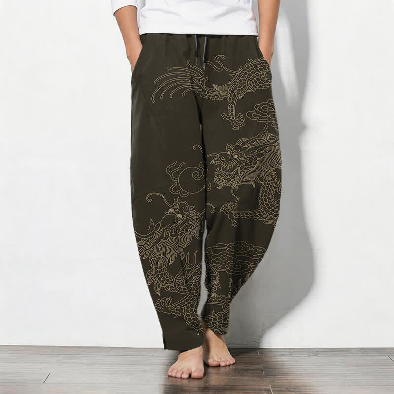 Nimara Ritual Pure Cotton Golden Dragon Cloud Pattern Drawstring Men's Tapered Pants With Pockets
