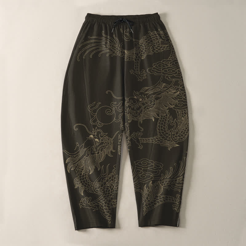Nimara Ritual Pure Cotton Golden Dragon Cloud Pattern Drawstring Men's Tapered Pants With Pockets