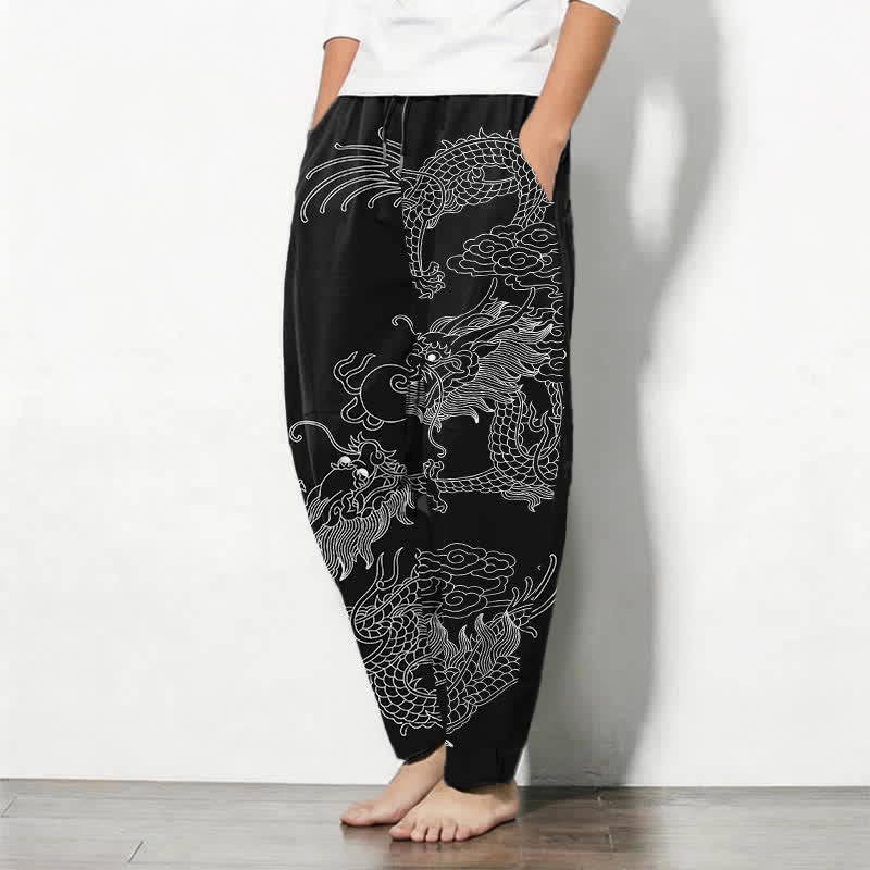 Nimara Ritual Pure Cotton Golden Dragon Cloud Pattern Drawstring Men's Tapered Pants With Pockets