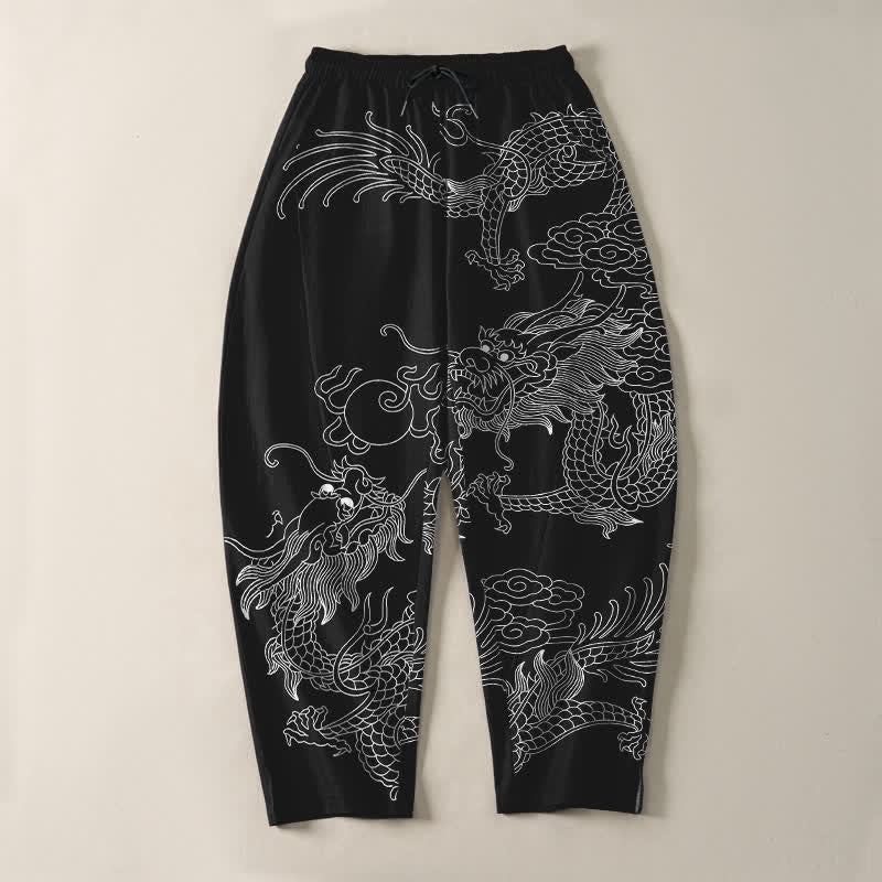 Nimara Ritual Pure Cotton Golden Dragon Cloud Pattern Drawstring Men's Tapered Pants With Pockets