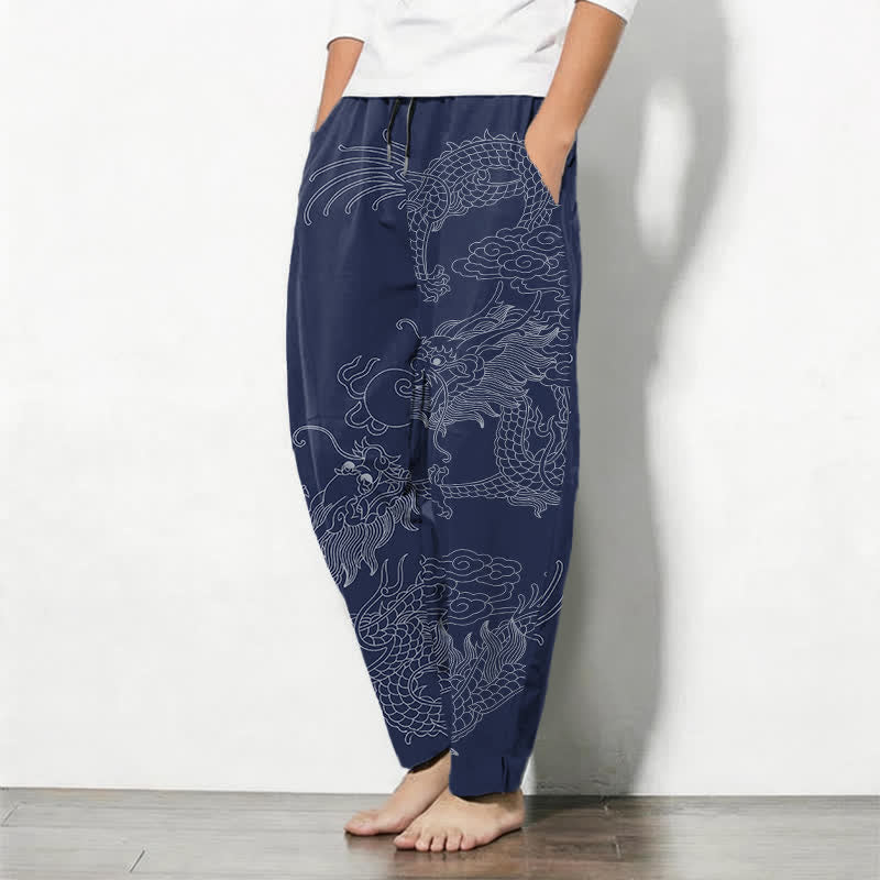 Nimara Ritual Pure Cotton Golden Dragon Cloud Pattern Drawstring Men's Tapered Pants With Pockets