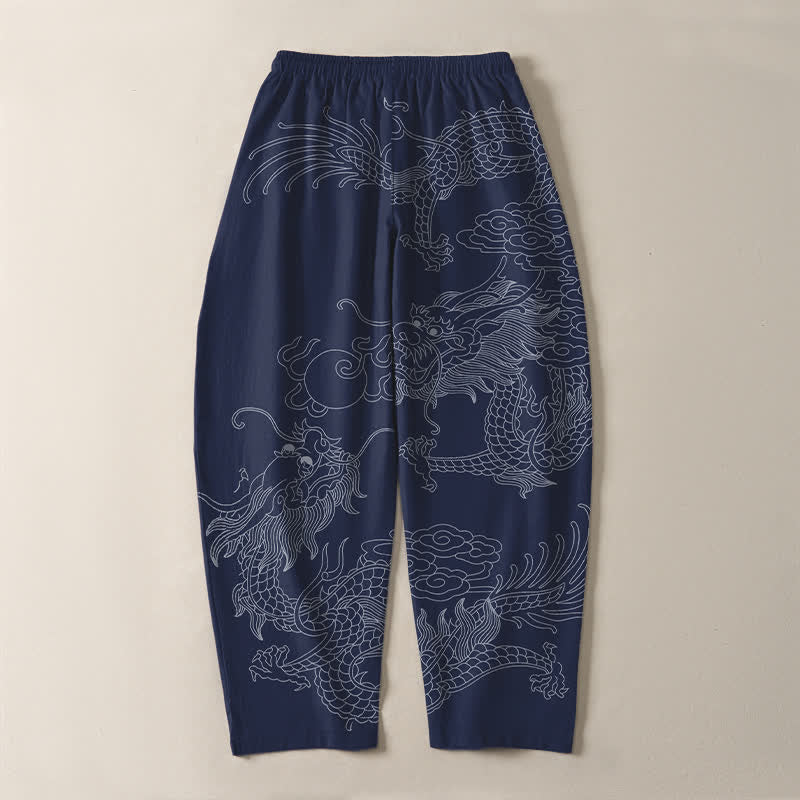 Nimara Ritual Pure Cotton Golden Dragon Cloud Pattern Drawstring Men's Tapered Pants With Pockets