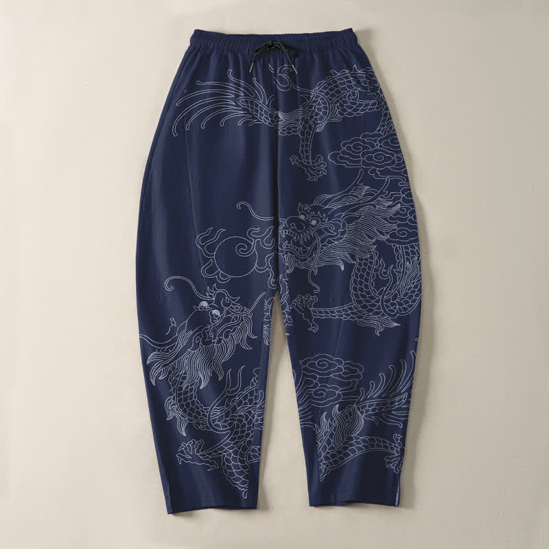 Nimara Ritual Pure Cotton Golden Dragon Cloud Pattern Drawstring Men's Tapered Pants With Pockets