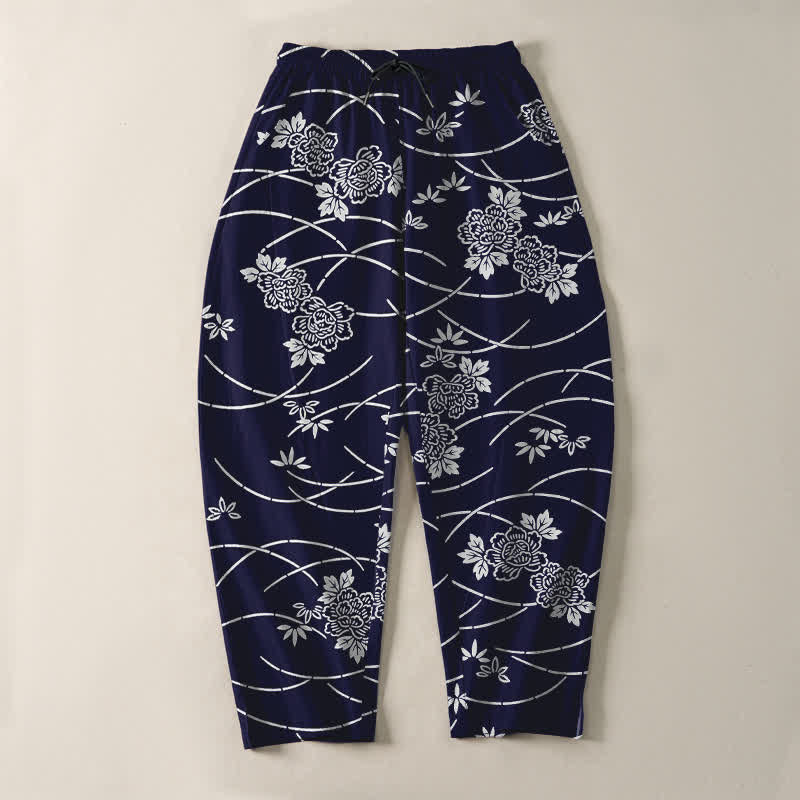 Nimara Ritual Pure Cotton White Floral Vine Pattern Drawstring Men's Tapered Pants With Pockets