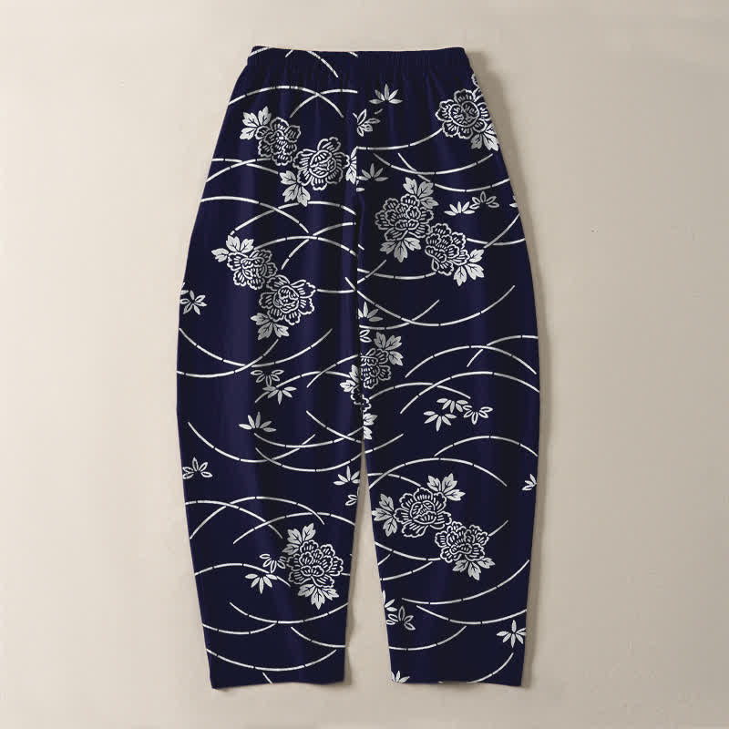 Nimara Ritual Pure Cotton White Floral Vine Pattern Drawstring Men's Tapered Pants With Pockets