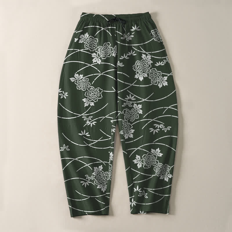 Nimara Ritual Pure Cotton White Floral Vine Pattern Drawstring Men's Tapered Pants With Pockets