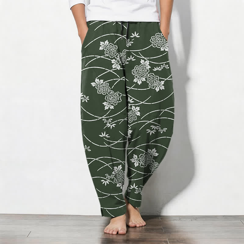 Nimara Ritual Pure Cotton White Floral Vine Pattern Drawstring Men's Tapered Pants With Pockets