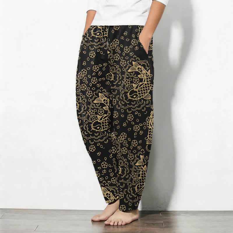 Nimara Ritual Pure Cotton Golden Koi Fish Floral Pattern Drawstring Men's Tapered Pants With Pockets
