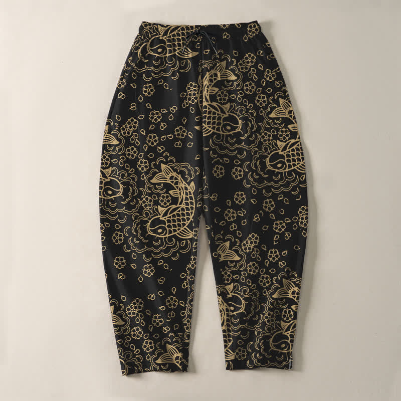 Nimara Ritual Pure Cotton Golden Koi Fish Floral Pattern Drawstring Men's Tapered Pants With Pockets
