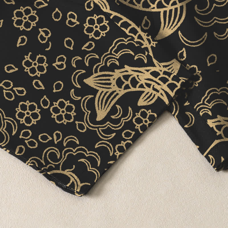 Nimara Ritual Pure Cotton Golden Koi Fish Floral Pattern Drawstring Men's Tapered Pants With Pockets