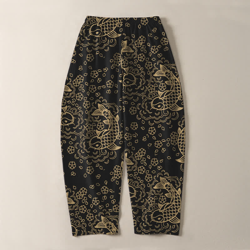 Nimara Ritual Pure Cotton Golden Koi Fish Floral Pattern Drawstring Men's Tapered Pants With Pockets
