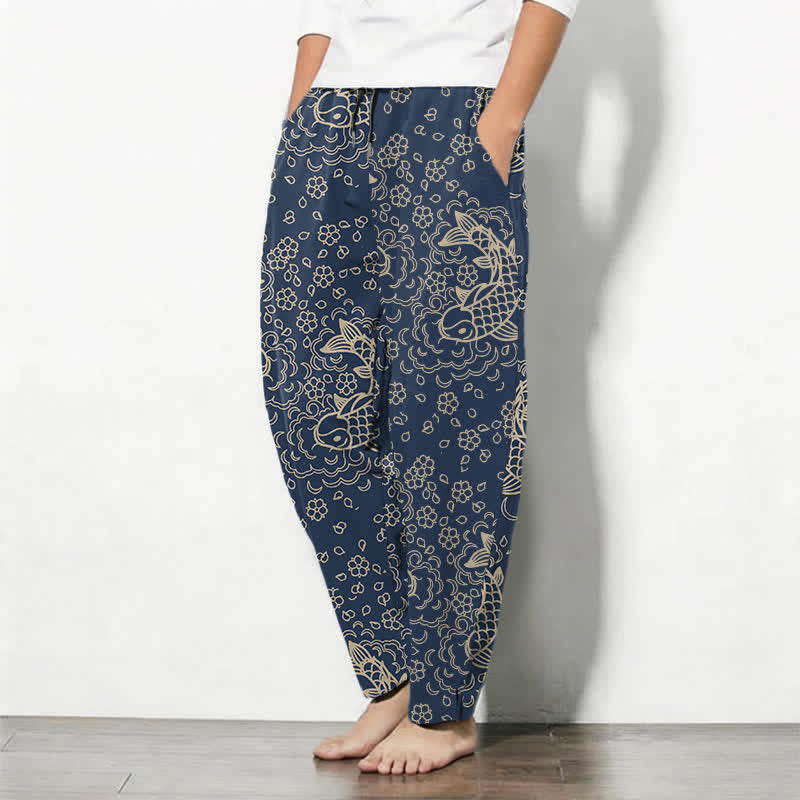 Nimara Ritual Pure Cotton Golden Koi Fish Floral Pattern Drawstring Men's Tapered Pants With Pockets