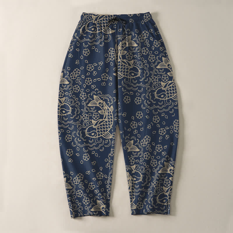 Nimara Ritual Pure Cotton Golden Koi Fish Floral Pattern Drawstring Men's Tapered Pants With Pockets