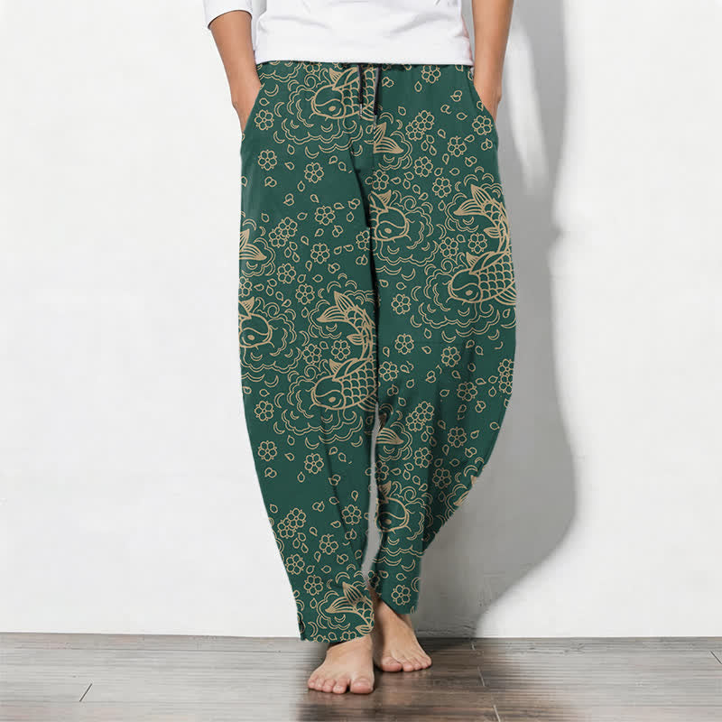 Nimara Ritual Pure Cotton Golden Koi Fish Floral Pattern Drawstring Men's Tapered Pants With Pockets