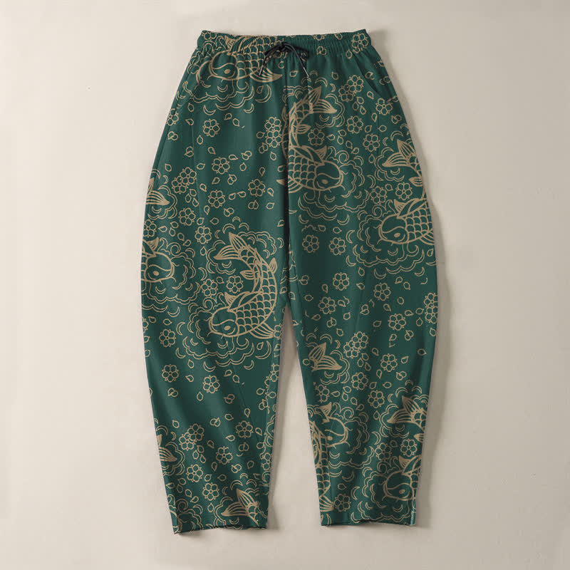 Nimara Ritual Pure Cotton Golden Koi Fish Floral Pattern Drawstring Men's Tapered Pants With Pockets