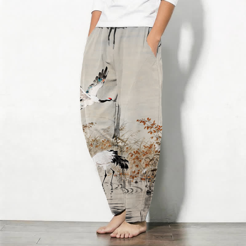 Nimara Ritual Pure Cotton Ink Wash Crane Reeds Pattern Drawstring Men's Tapered Pants With Pockets