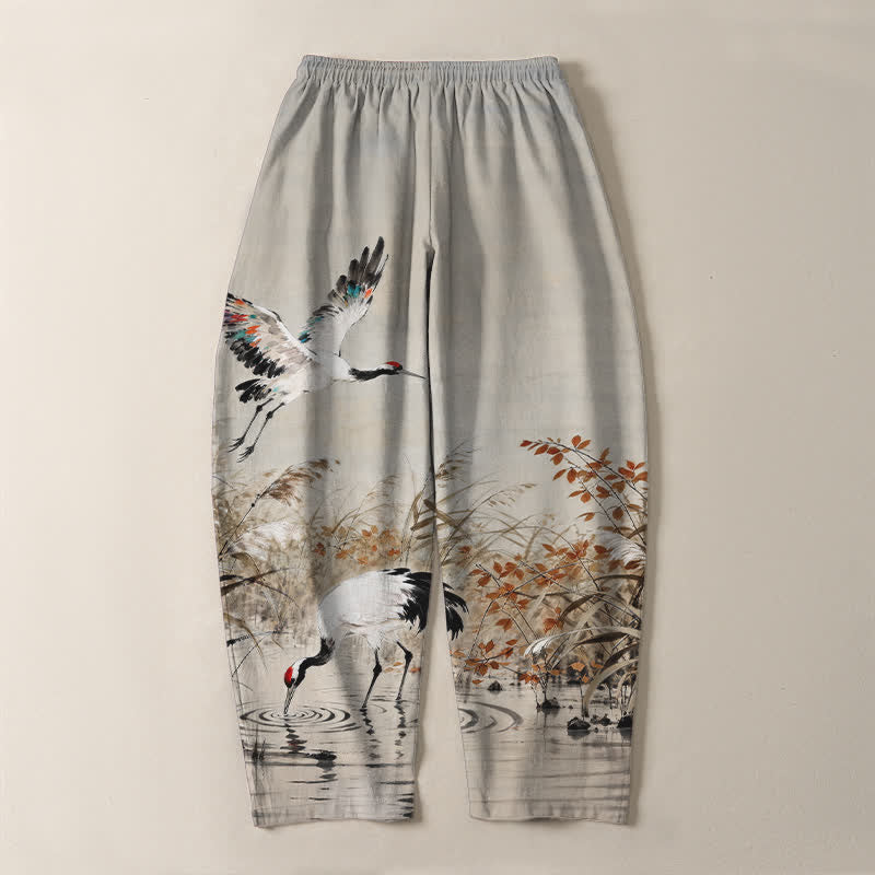 Nimara Ritual Pure Cotton Ink Wash Crane Reeds Pattern Drawstring Men's Tapered Pants With Pockets