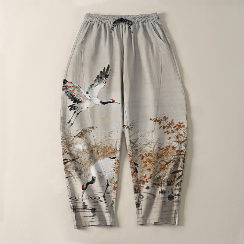 Nimara Ritual Pure Cotton Ink Wash Crane Reeds Pattern Drawstring Men's Tapered Pants With Pockets