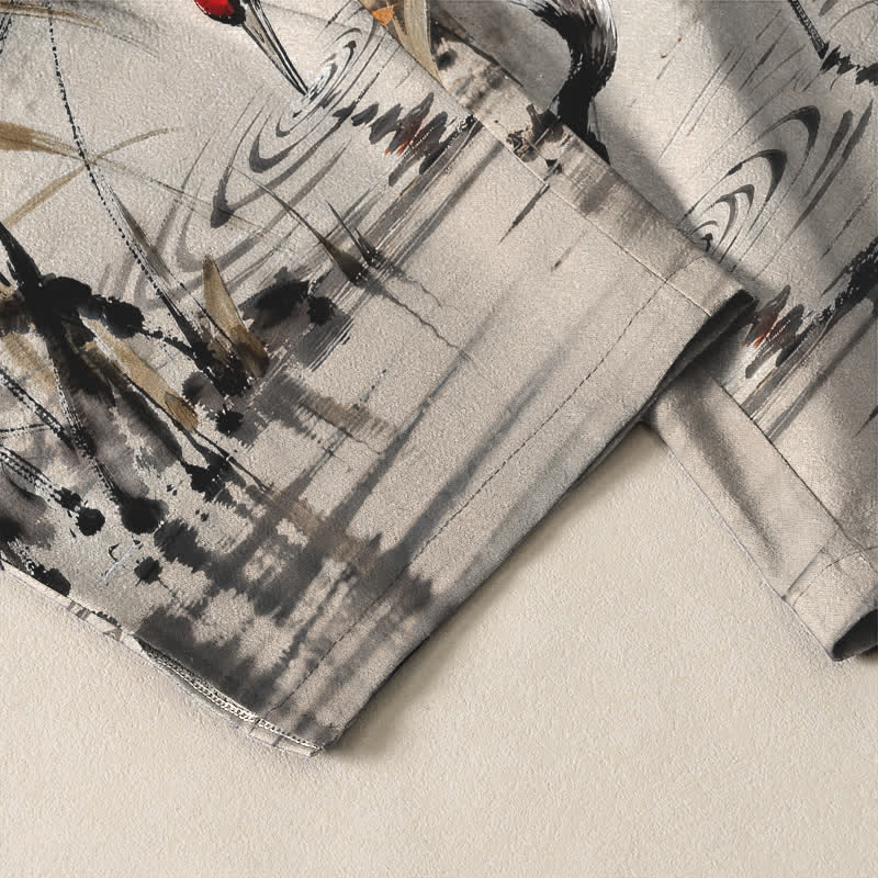 Nimara Ritual Pure Cotton Ink Wash Crane Reeds Pattern Drawstring Men's Tapered Pants With Pockets