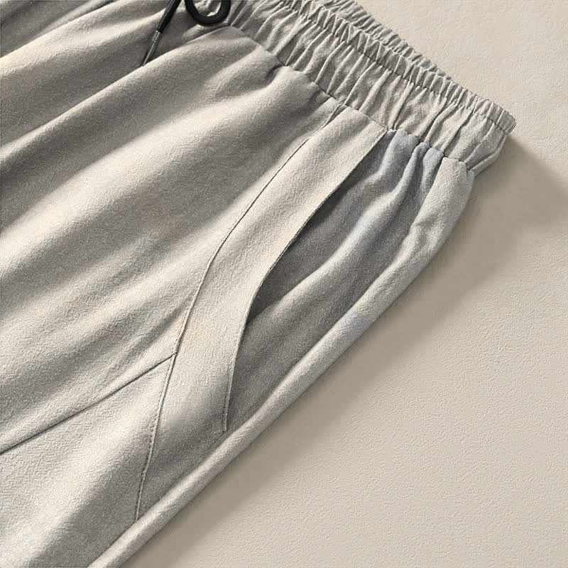 Nimara Ritual Pure Cotton Ink Wash Crane Reeds Pattern Drawstring Men's Tapered Pants With Pockets