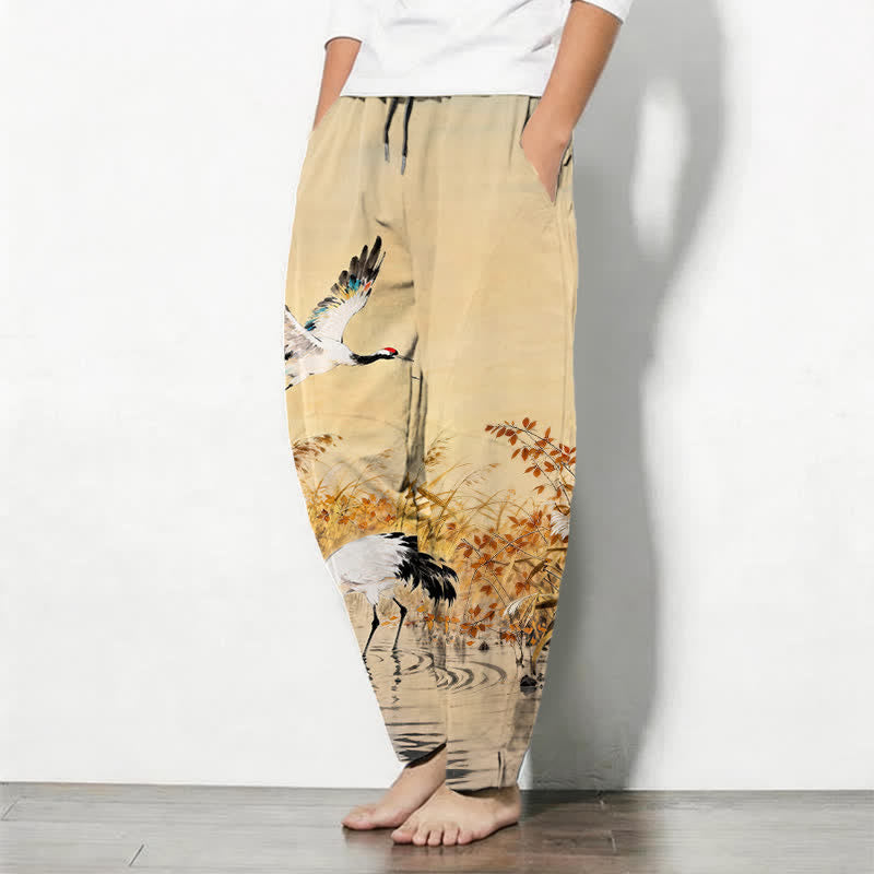Nimara Ritual Pure Cotton Ink Wash Crane Reeds Pattern Drawstring Men's Tapered Pants With Pockets