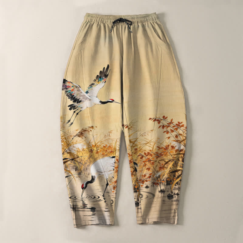 Nimara Ritual Pure Cotton Ink Wash Crane Reeds Pattern Drawstring Men's Tapered Pants With Pockets