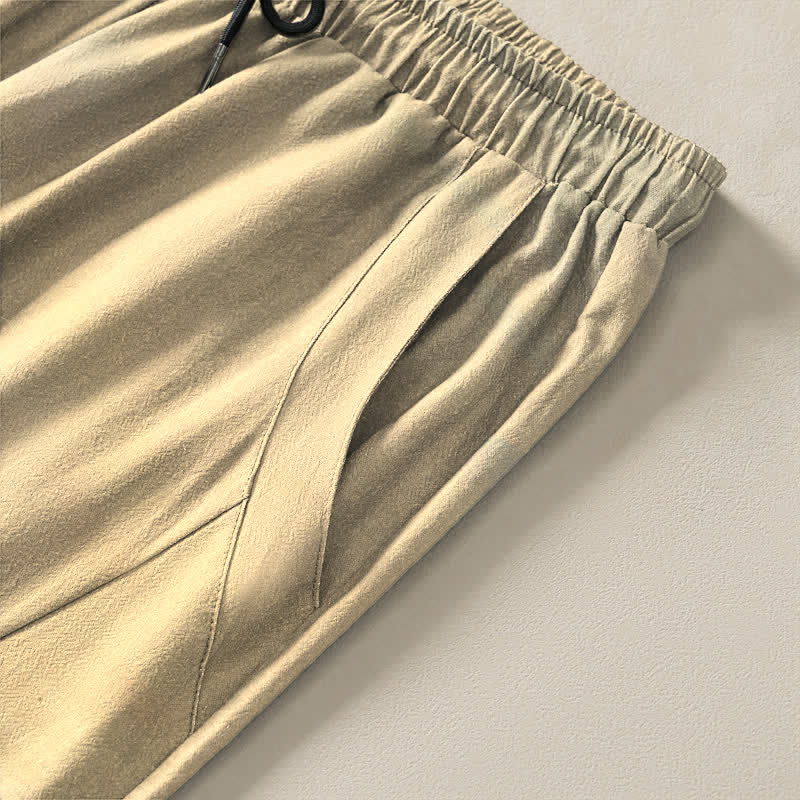 Nimara Ritual Pure Cotton Ink Wash Crane Reeds Pattern Drawstring Men's Tapered Pants With Pockets
