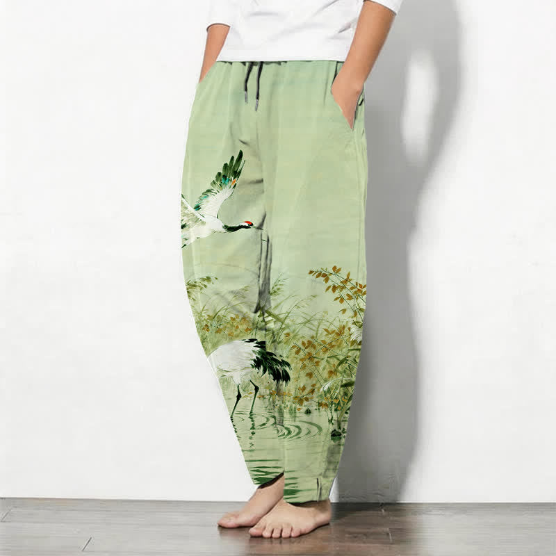 Nimara Ritual Pure Cotton Ink Wash Crane Reeds Pattern Drawstring Men's Tapered Pants With Pockets