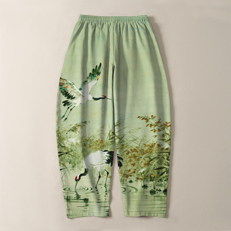 Nimara Ritual Pure Cotton Ink Wash Crane Reeds Pattern Drawstring Men's Tapered Pants With Pockets