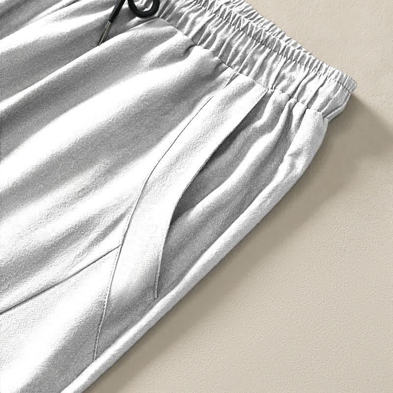Nimara Ritual Pure Cotton Ink Crane Reed Pattern Drawstring Men's Tapered Pants With Pockets