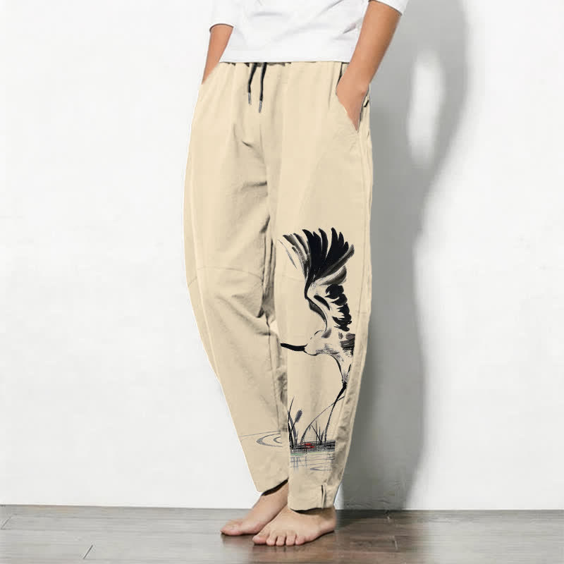 Nimara Ritual Pure Cotton Ink Crane Reed Pattern Drawstring Men's Tapered Pants With Pockets