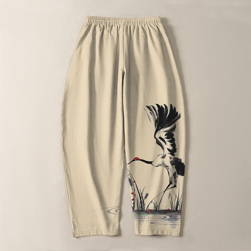 Nimara Ritual Pure Cotton Ink Crane Reed Pattern Drawstring Men's Tapered Pants With Pockets
