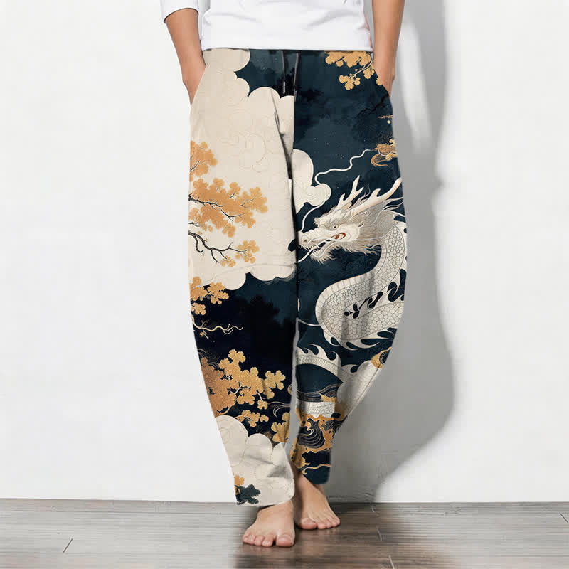 Nimara Ritual Pure Cotton Eastern Dragon Cloud Pattern Drawstring Men's Tapered Pants With Pockets