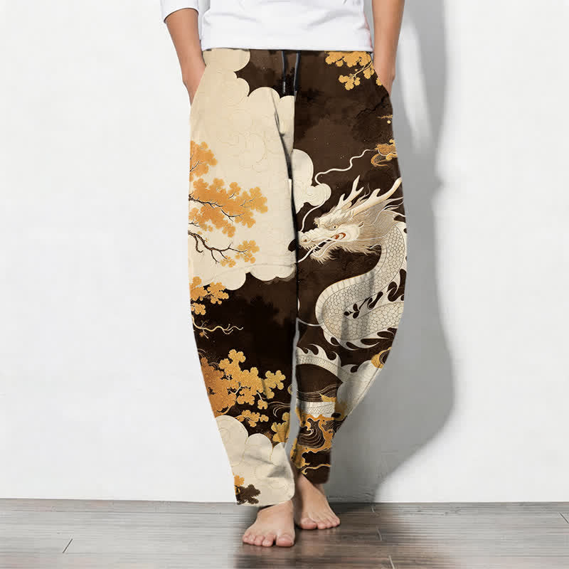 Nimara Ritual Pure Cotton Eastern Dragon Cloud Pattern Drawstring Men's Tapered Pants With Pockets