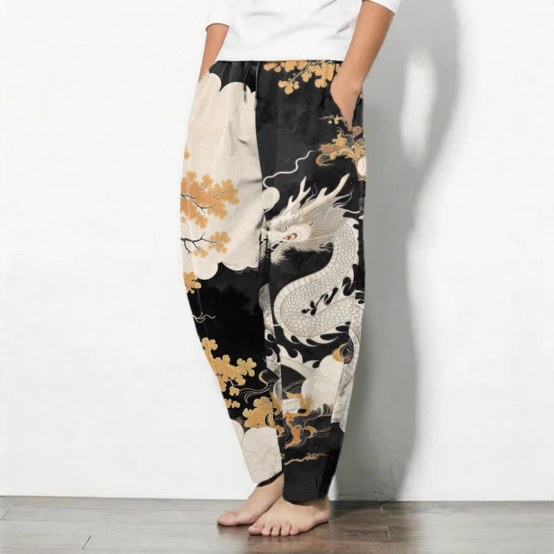 Nimara Ritual Pure Cotton Eastern Dragon Cloud Pattern Drawstring Men's Tapered Pants With Pockets