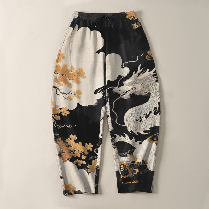 Nimara Ritual Pure Cotton Eastern Dragon Cloud Pattern Drawstring Men's Tapered Pants With Pockets