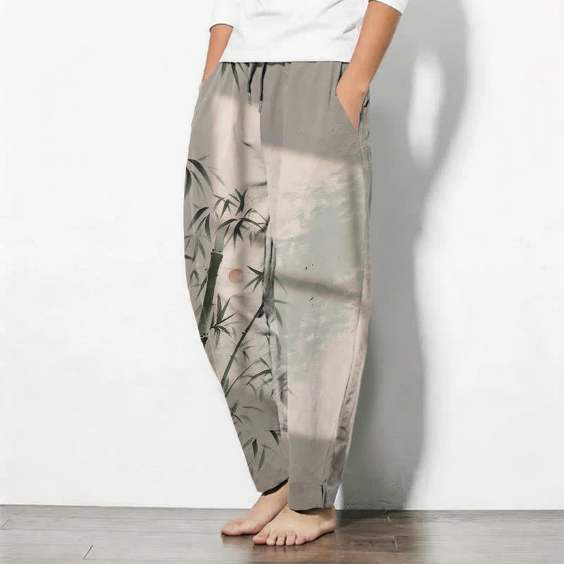 Nimara Ritual Pure Cotton Ink Bamboo Pattern Drawstring Men's Tapered Pants With Pockets