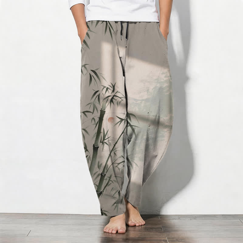 Nimara Ritual Pure Cotton Ink Bamboo Pattern Drawstring Men's Tapered Pants With Pockets