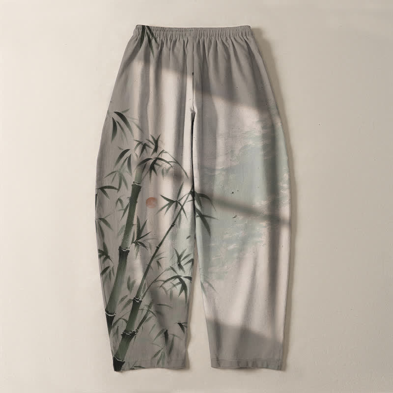Nimara Ritual Pure Cotton Ink Bamboo Pattern Drawstring Men's Tapered Pants With Pockets