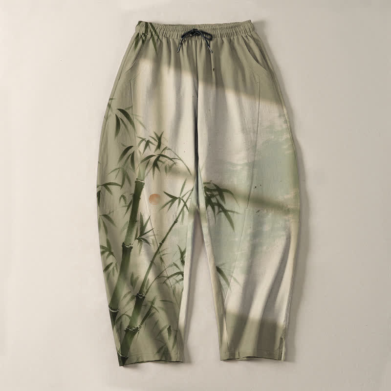 Nimara Ritual Pure Cotton Ink Bamboo Pattern Drawstring Men's Tapered Pants With Pockets