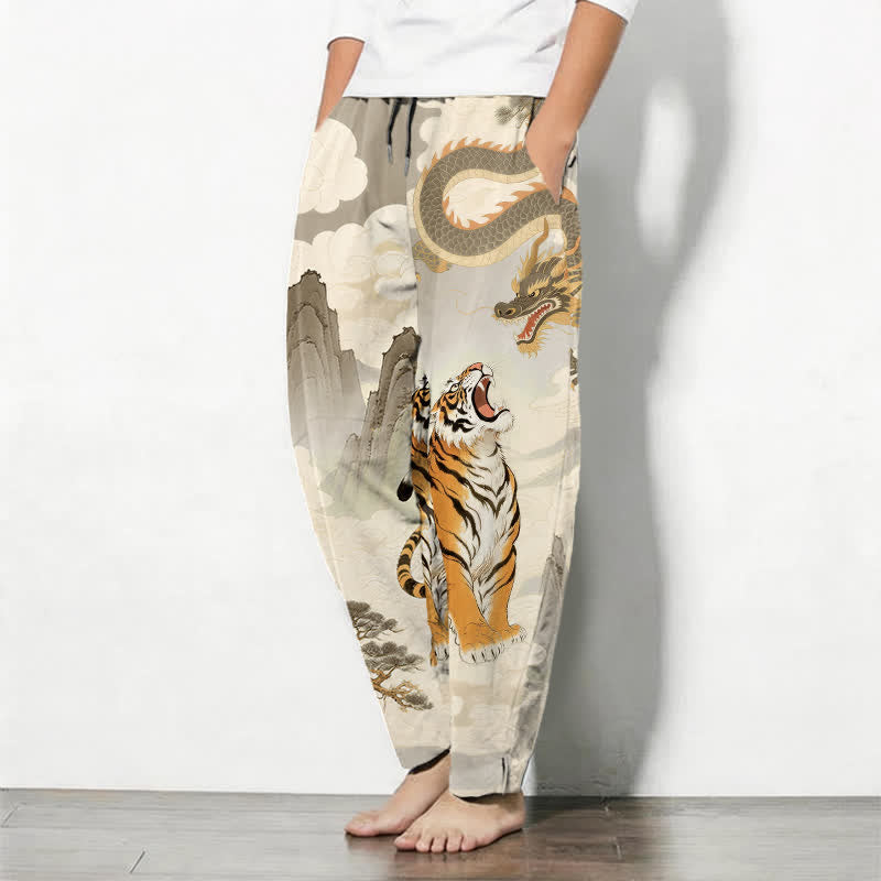 Nimara Ritual Pure Cotton Tiger Dragon Landscape Pattern Drawstring Men's Tapered Pants With Pockets