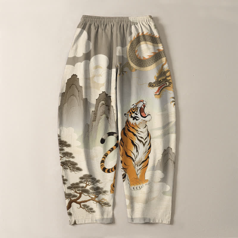 Nimara Ritual Pure Cotton Tiger Dragon Landscape Pattern Drawstring Men's Tapered Pants With Pockets