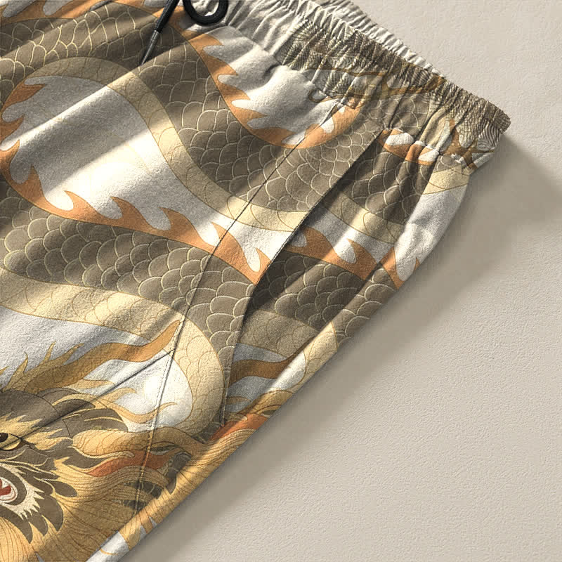 Nimara Ritual Pure Cotton Tiger Dragon Landscape Pattern Drawstring Men's Tapered Pants With Pockets