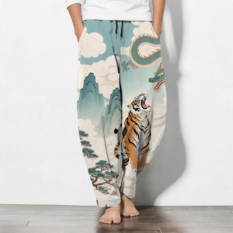 Nimara Ritual Pure Cotton Tiger Dragon Landscape Pattern Drawstring Men's Tapered Pants With Pockets