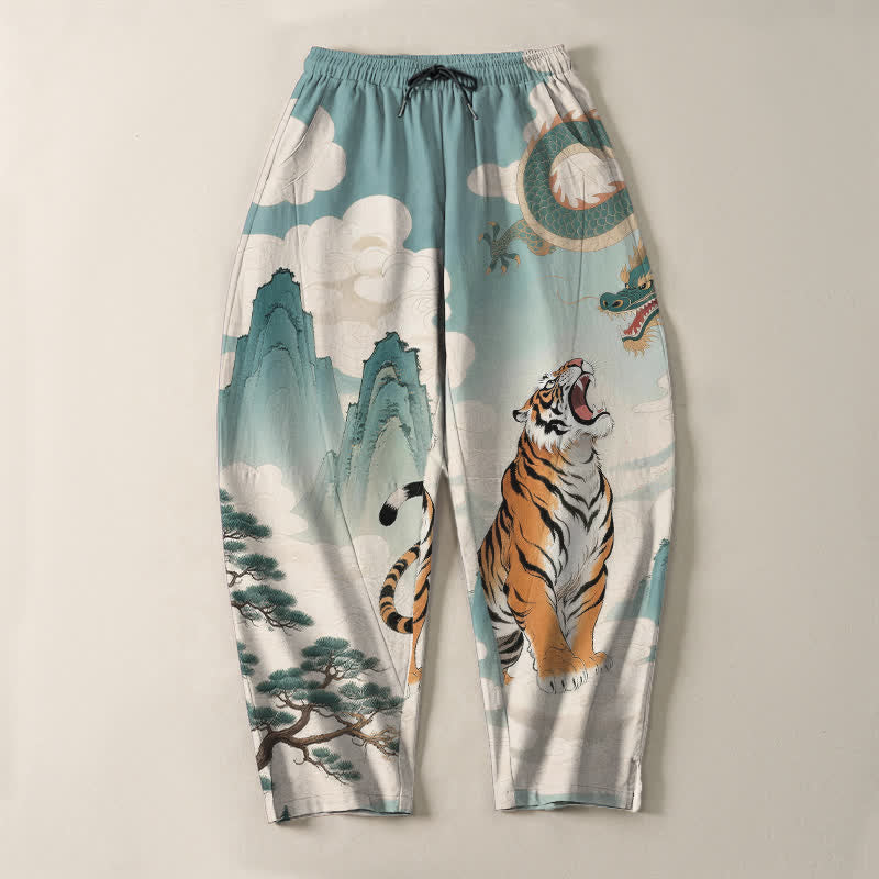Nimara Ritual Pure Cotton Tiger Dragon Landscape Pattern Drawstring Men's Tapered Pants With Pockets