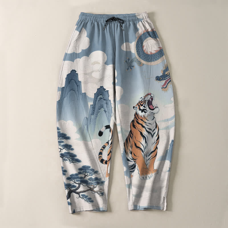 Nimara Ritual Pure Cotton Tiger Dragon Landscape Pattern Drawstring Men's Tapered Pants With Pockets
